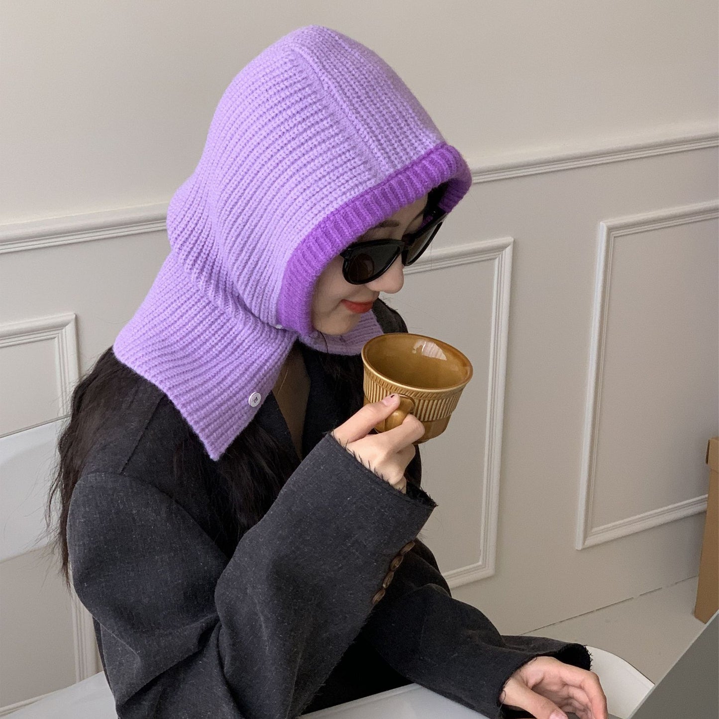 Internet Celebrity Stitching Button Balaclava Women Winter Thermal Knitting Scarf Hat