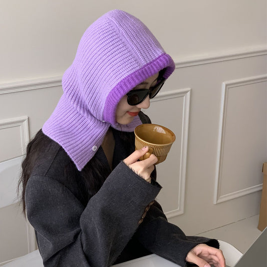 Internet Celebrity Stitching Button Balaclava Women Winter Thermal Knitting Scarf Hat