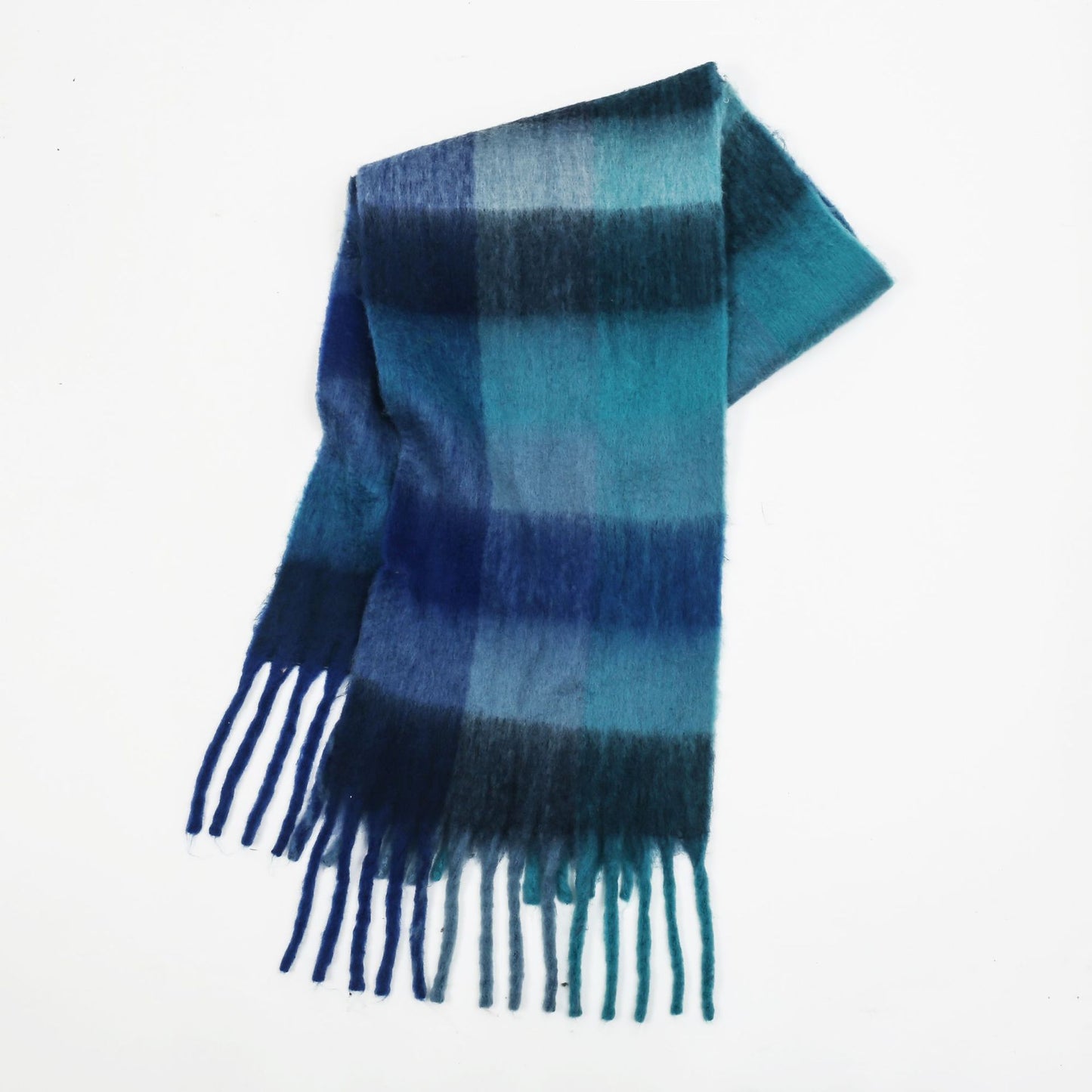 Women Color Matching Mohair Scarf Autumn Winter Warm Thickening Lattice Tassel One Size Tibetan Blue Plaid