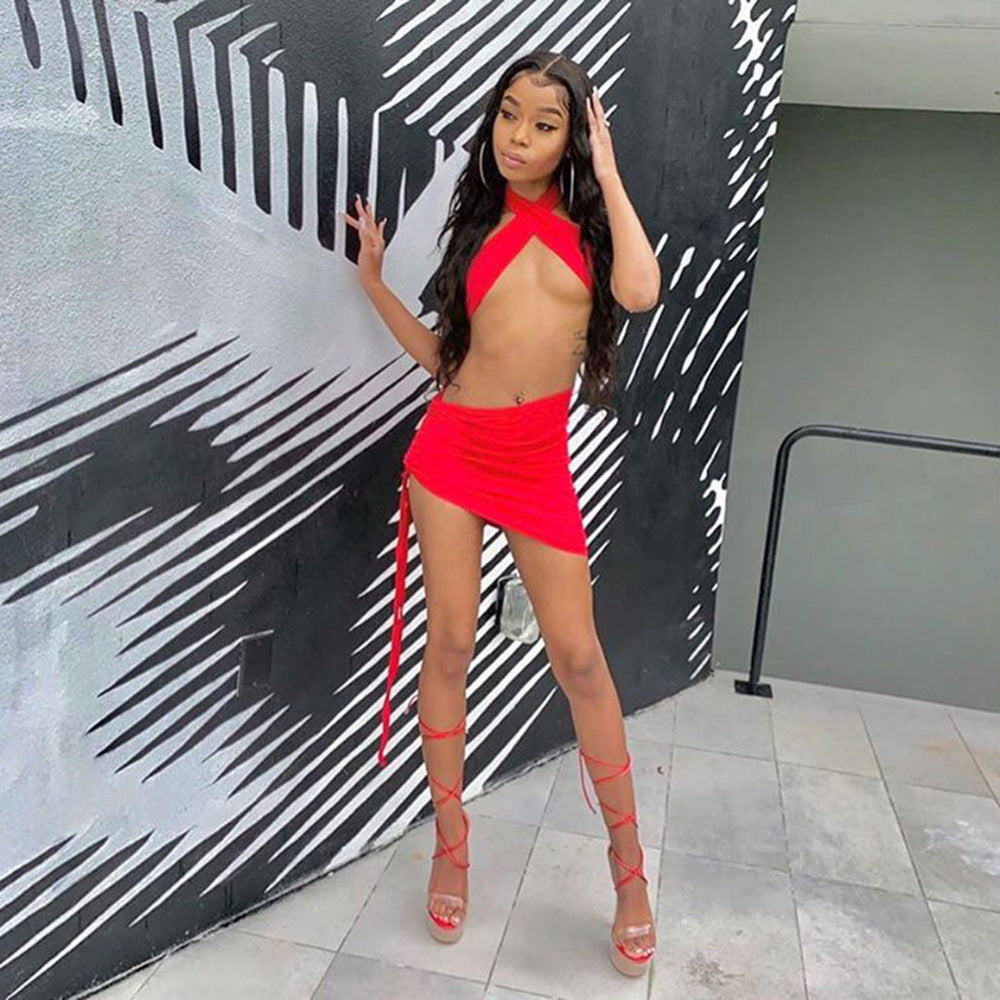 Summer Red Sexy Crop Top Spaghetti Strap Halter Top Solid Color Drawstring Skirt Outfit