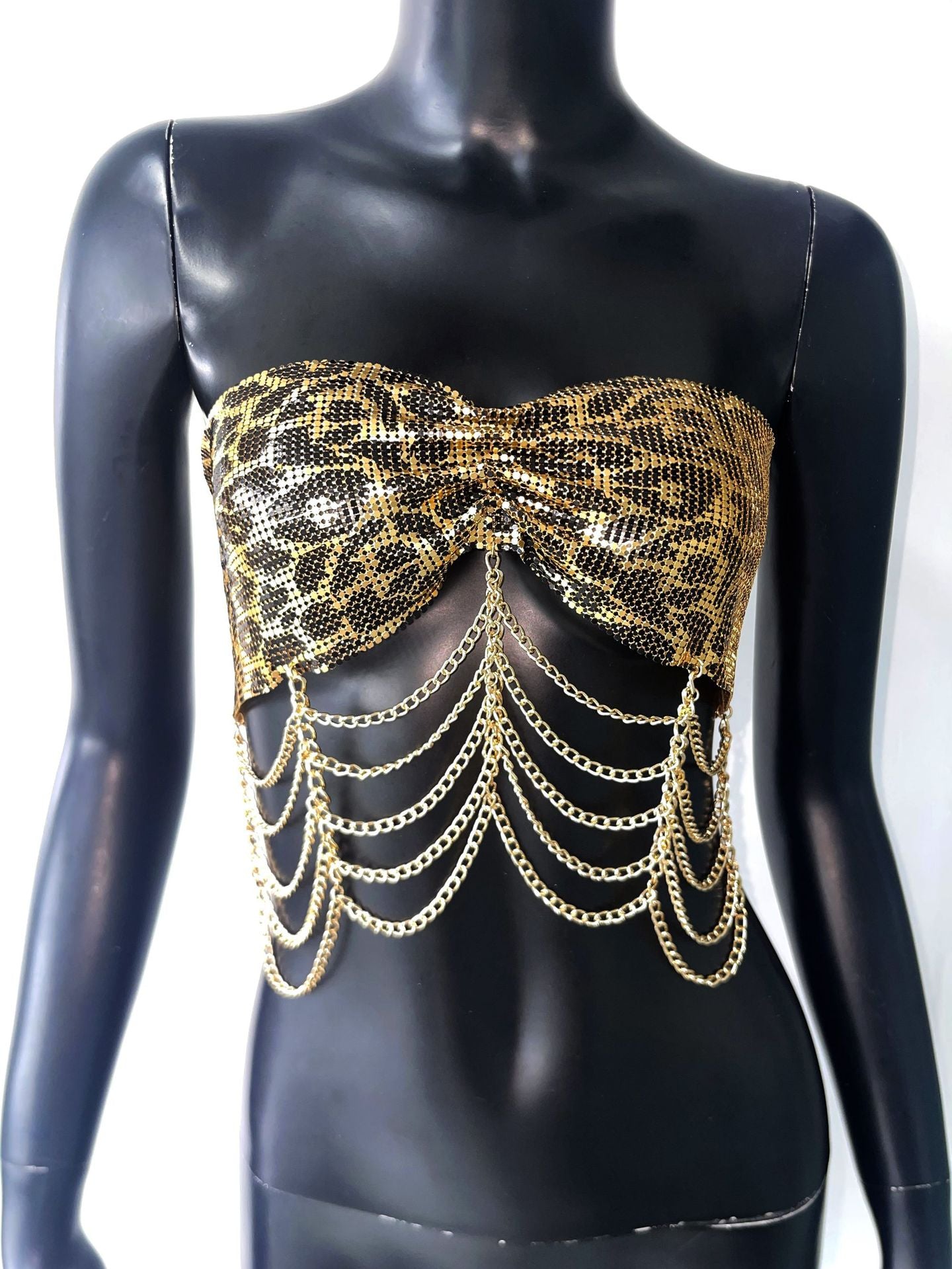 Nightclub Rhinestone Sexy Strap Tube Top Metal Sequ Leopard Print Strap Sexy Clothing Gold