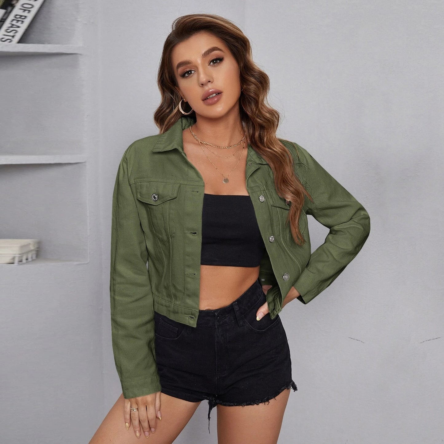 Women Clothing Denim Jacket Women Casual Short Denim Jacket Top Army Green