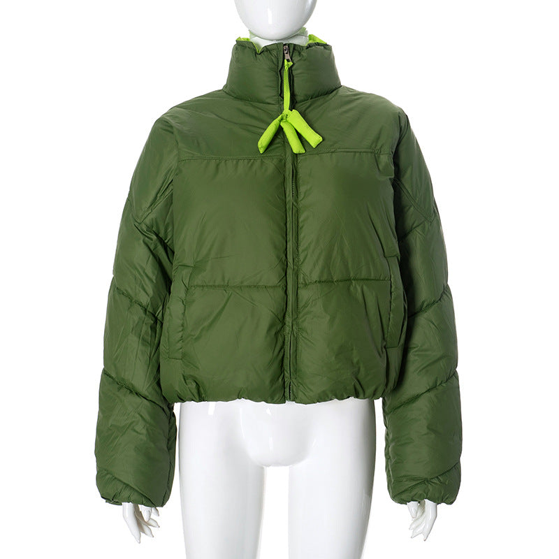 Women Clothing Winter Stand Collar Zipped Cotton Padded Jacket Top Green