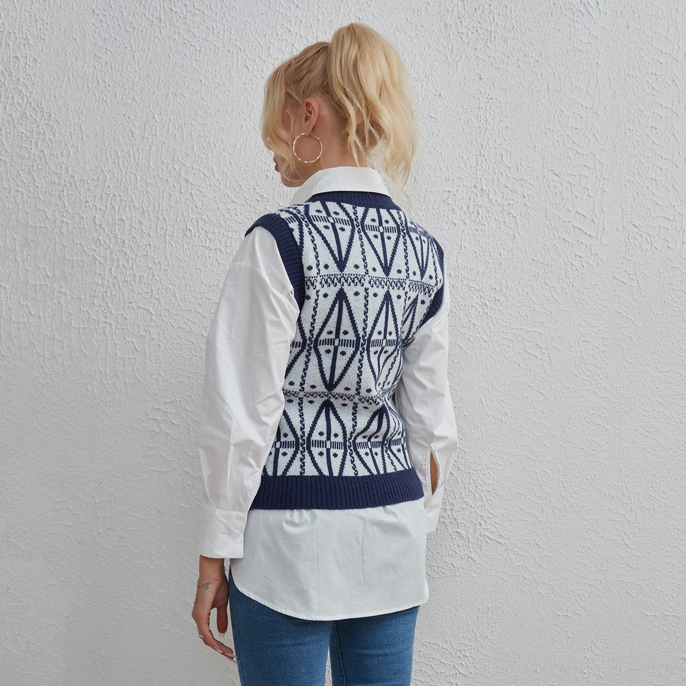 Women Clothing School Season Basic Simple Geometry Pattern Sweater Vest