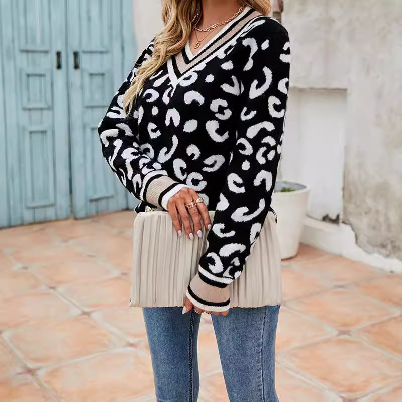 Autumn Winter Wild Striped V neck Tops Trend Leopard Print Knitted Sweater for Women