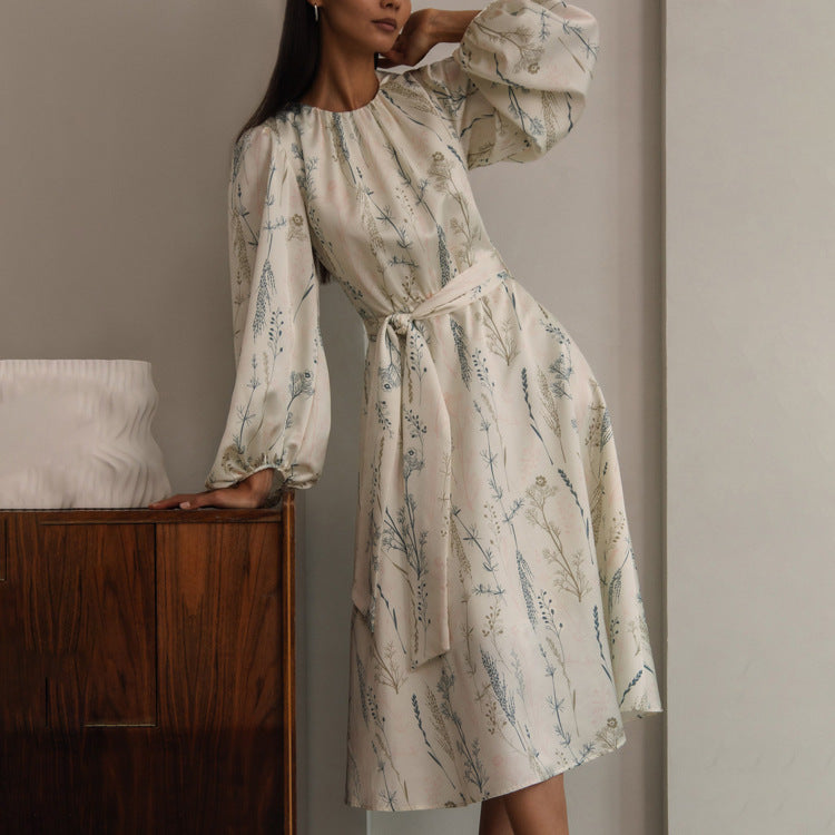 Women Loose Dress Puff Sleeve Graceful Fashionable Printed A line Dress