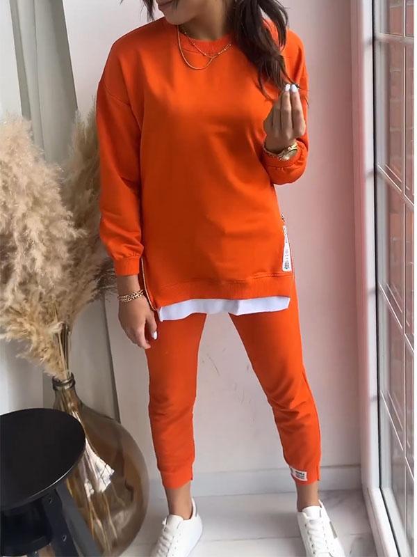 Autumn Stitching False Two Piece Sweaters Sweat Pants Sets Orange