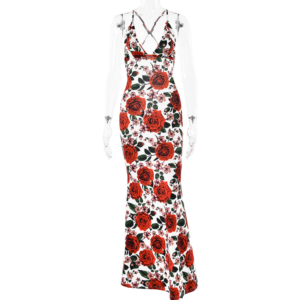 Summer Spaghetti Straps Sleeveless Dress Sexy Printed Backless Slim Fit Dress Red