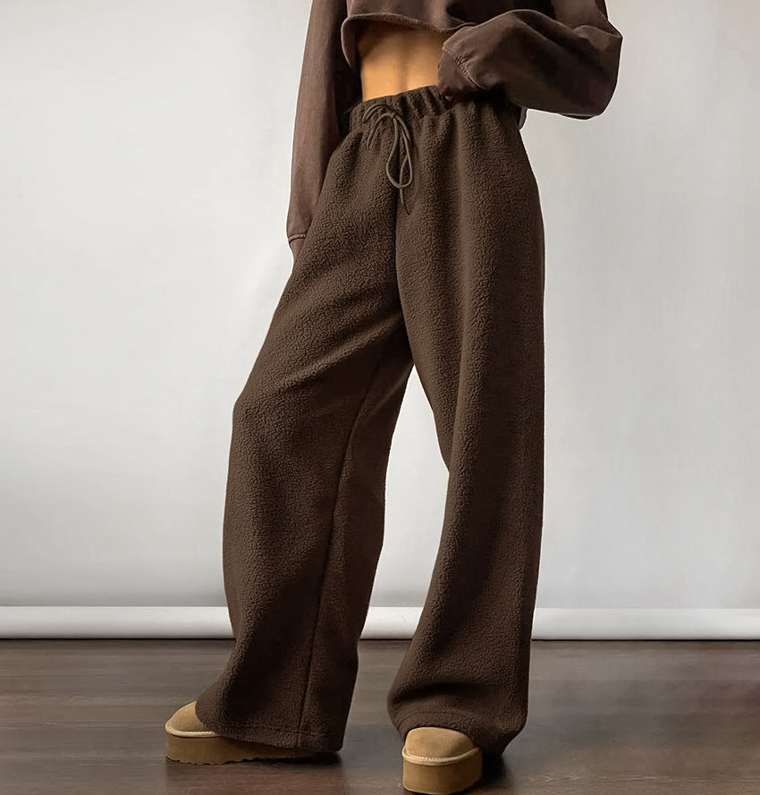 Autumn Winter Warm Thick Polar Fleece Casual Trousers Lace up Loose Mid Waist Wide Leg Pants for Women Brown