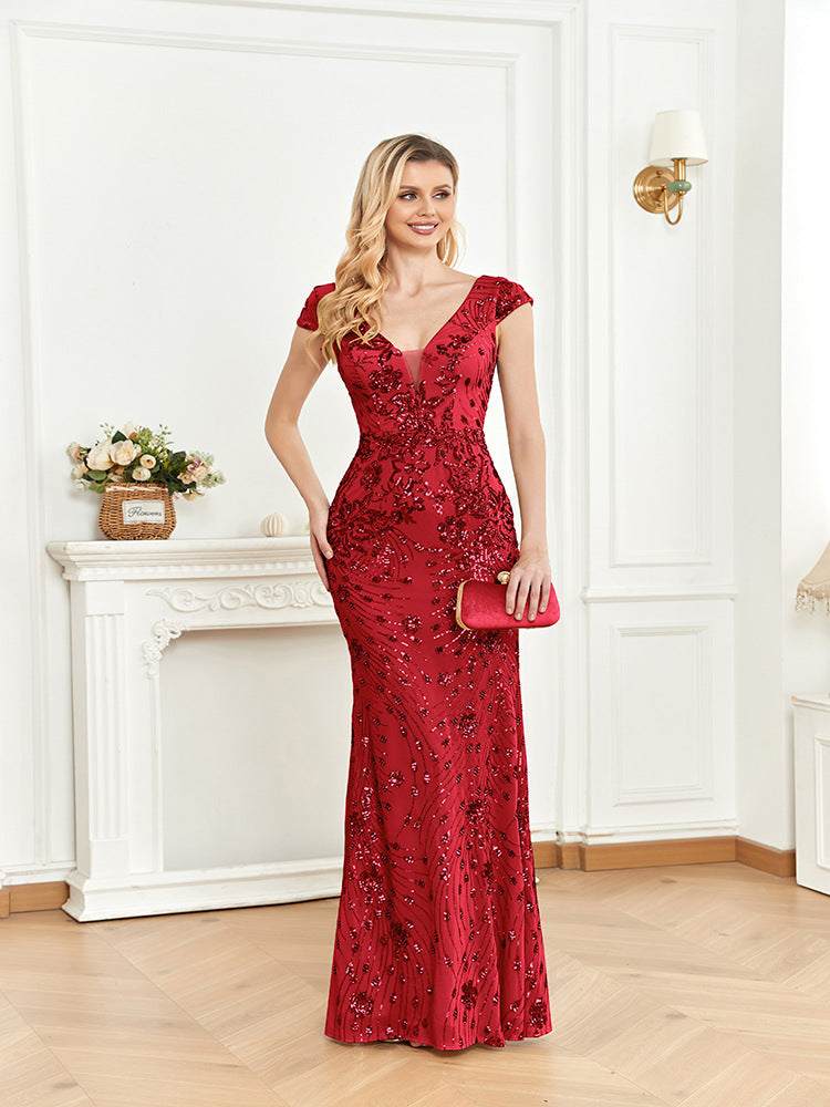 Sequined Champagne Evening Dress Women Cocktail Sexy Slim Fit Fishtail Long Toast Dress Red