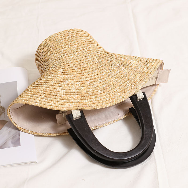 Wooden Portable Hat Straw Bag Fresh Straw Woven Bag Vacation Beach Bag Women Bag