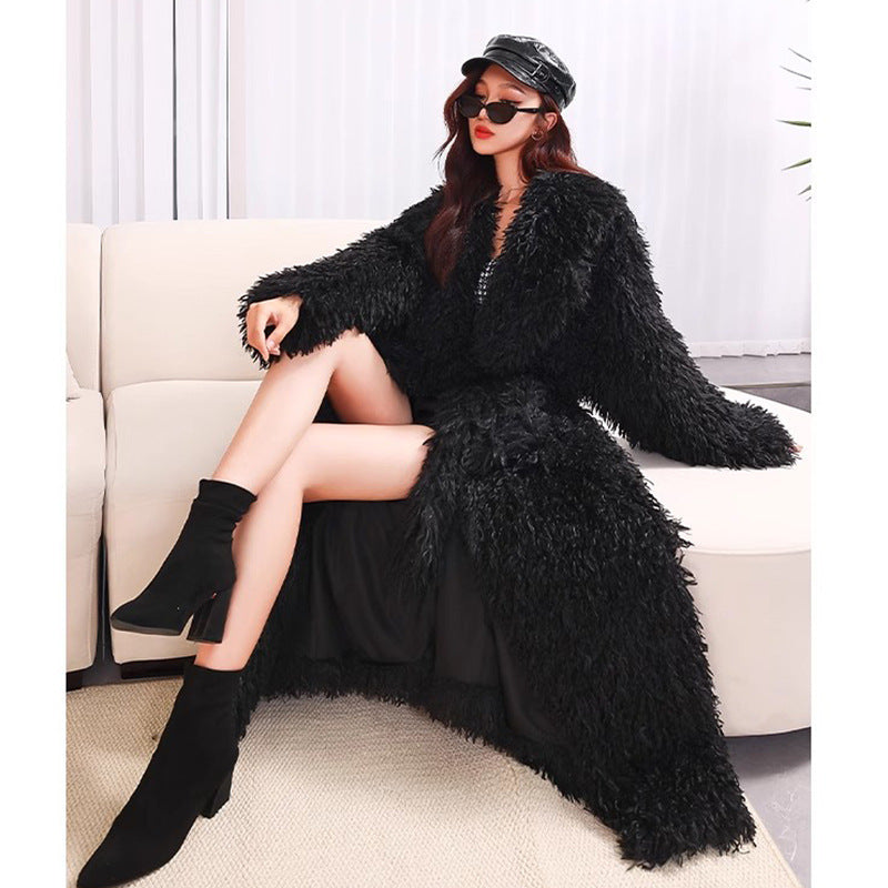 Women Toka Roll Wool Fur Coat Lamb Wool Coat Lace up Casual Warm Winter Extended Plush Coat Black