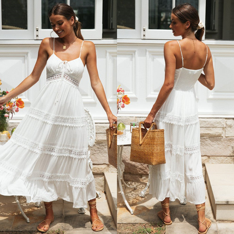 Sundress Women Bohemian Strap Dress Lace Stitching Large Swing Dress White