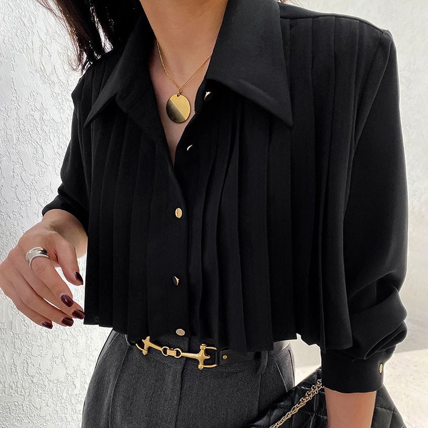 Fall French Casual Elegant Chiffon White Niche Pleated Advanced Feeling Tong Qin Long Sleeve Women Shirt Black