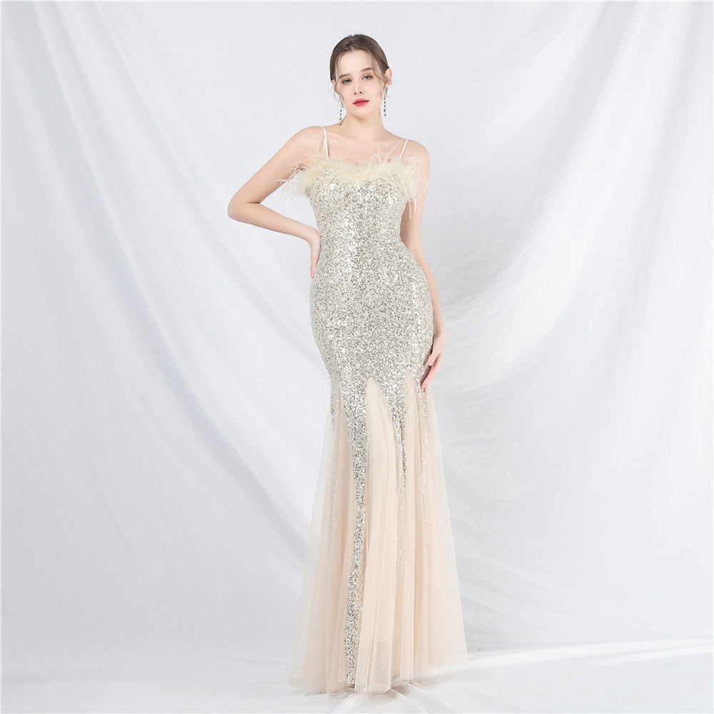 Craft Order Ostrich Feather Mesh Sequined Long Evening Dress Apricot silver