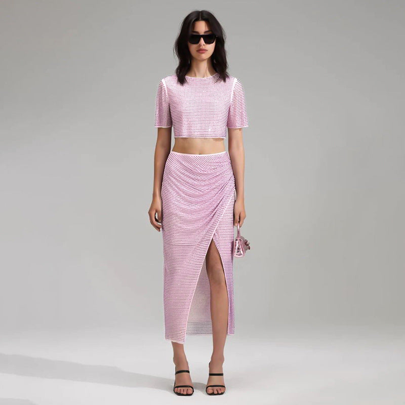 Summer Celebrity Two Piece Pink Diamond Embedded Short Sleeved Top Split Skirt Set Skirt Women