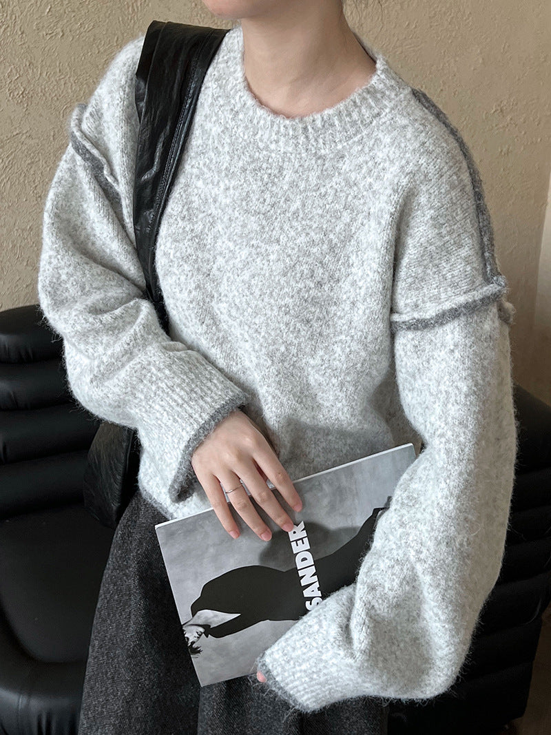 Idle Contrast Color Irregular Asymmetric Hem Sweater Women Autumn Winter Loose Casual Anti Aging Top One Size Light Gray