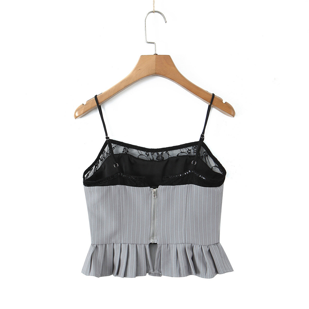 Sweet Lace Stitching Small Sling Sexy Slim Fit Vintage Stripe Cropped Small Top