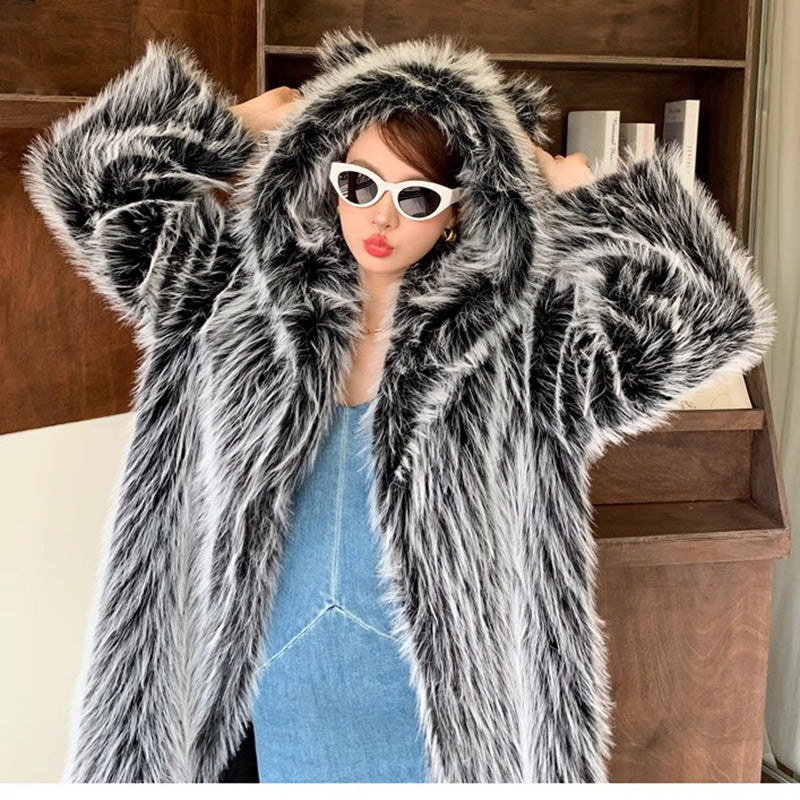 Women Autumn Winter Cat Ears Hooded Fur Black White Fur Coat Imitation Wool Overknee Long Warm Coat