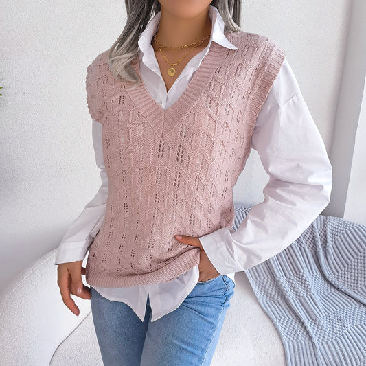 Autumn Winter Solid Color Hollow Out Cutout Wavy V neck Knitted Vest Sweater Women Clothing