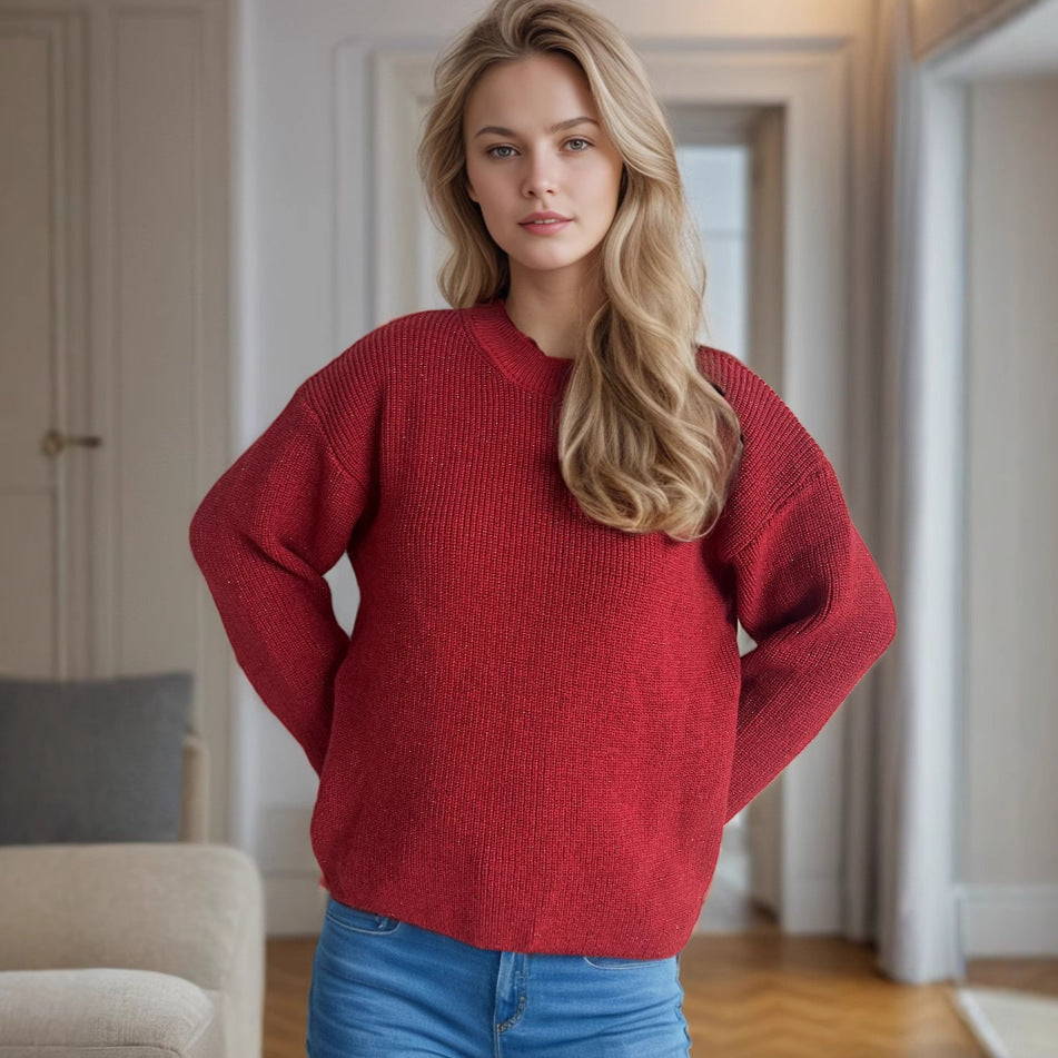 Autumn Winter round Neck Loose Casual Women Pullover Solid Color Thick Warm Long Sleeves Knitted Sweater