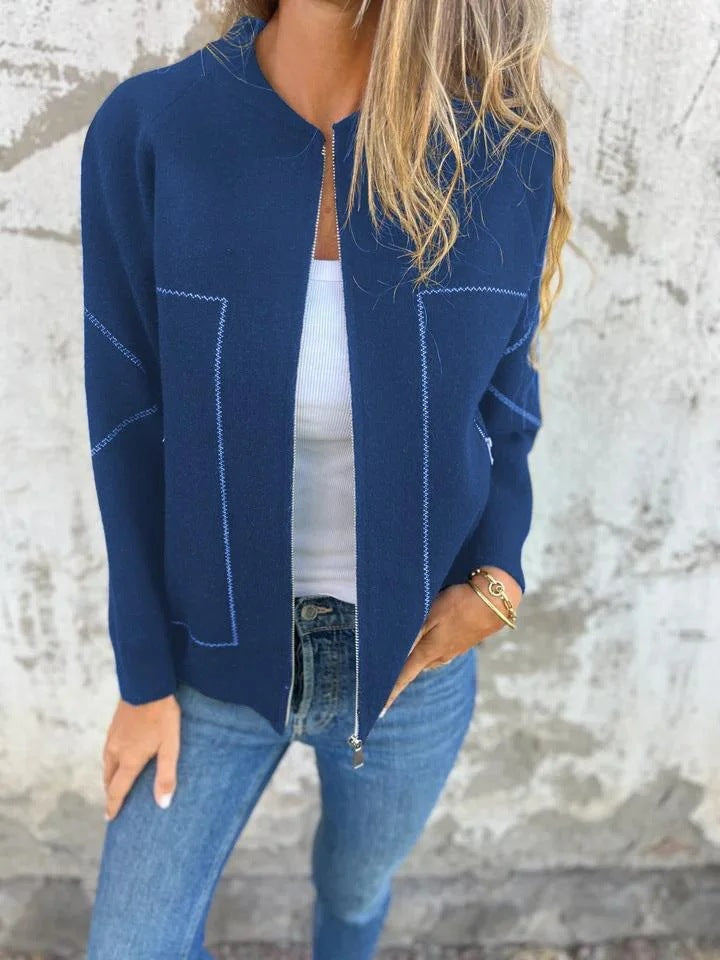 Autumn Winter Casual Zipper Solid Color Jacket Blue