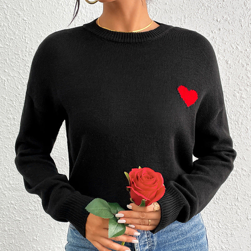 Love Jacquard round Neck Sweater Autumn Winter Casual All Match Loose Sweater Valentine Day Sweater Black