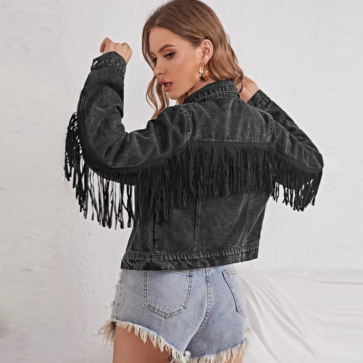 Denim Jacket Tassel Distressed Short Jacket Denim