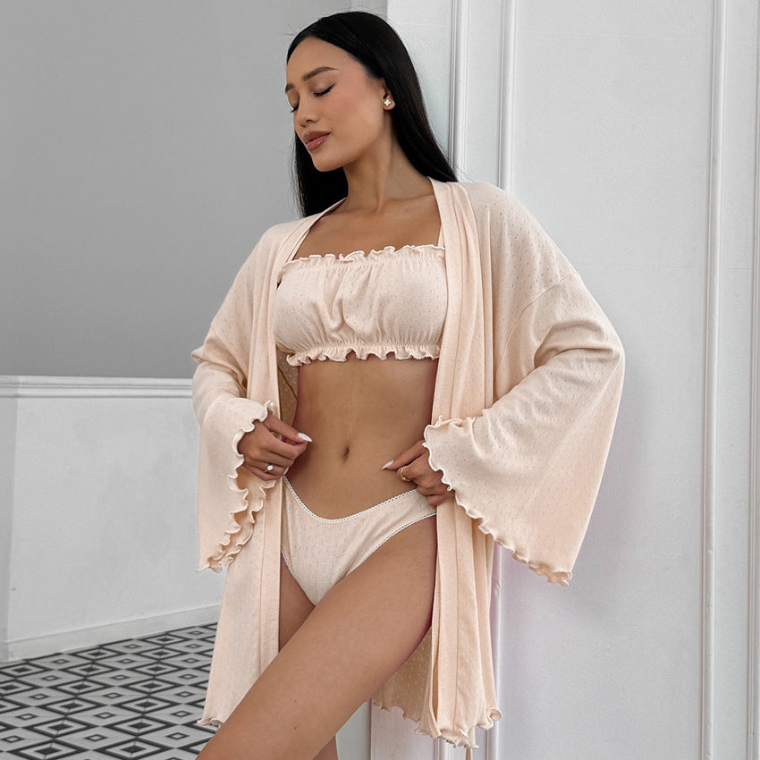 Simple Knitting Hollow Out Cutout Pajamas Autumn Women Underwear Shorts Nightgown Three Piece Sets Home Wear Apricot