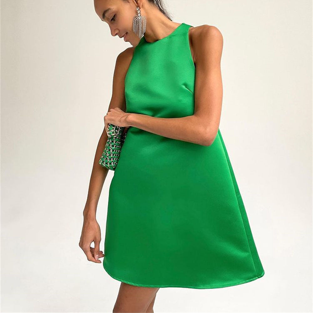 Spring Summer Satin Dress round Neck Sleeveless A line Sexy Party Dance Dress S Green