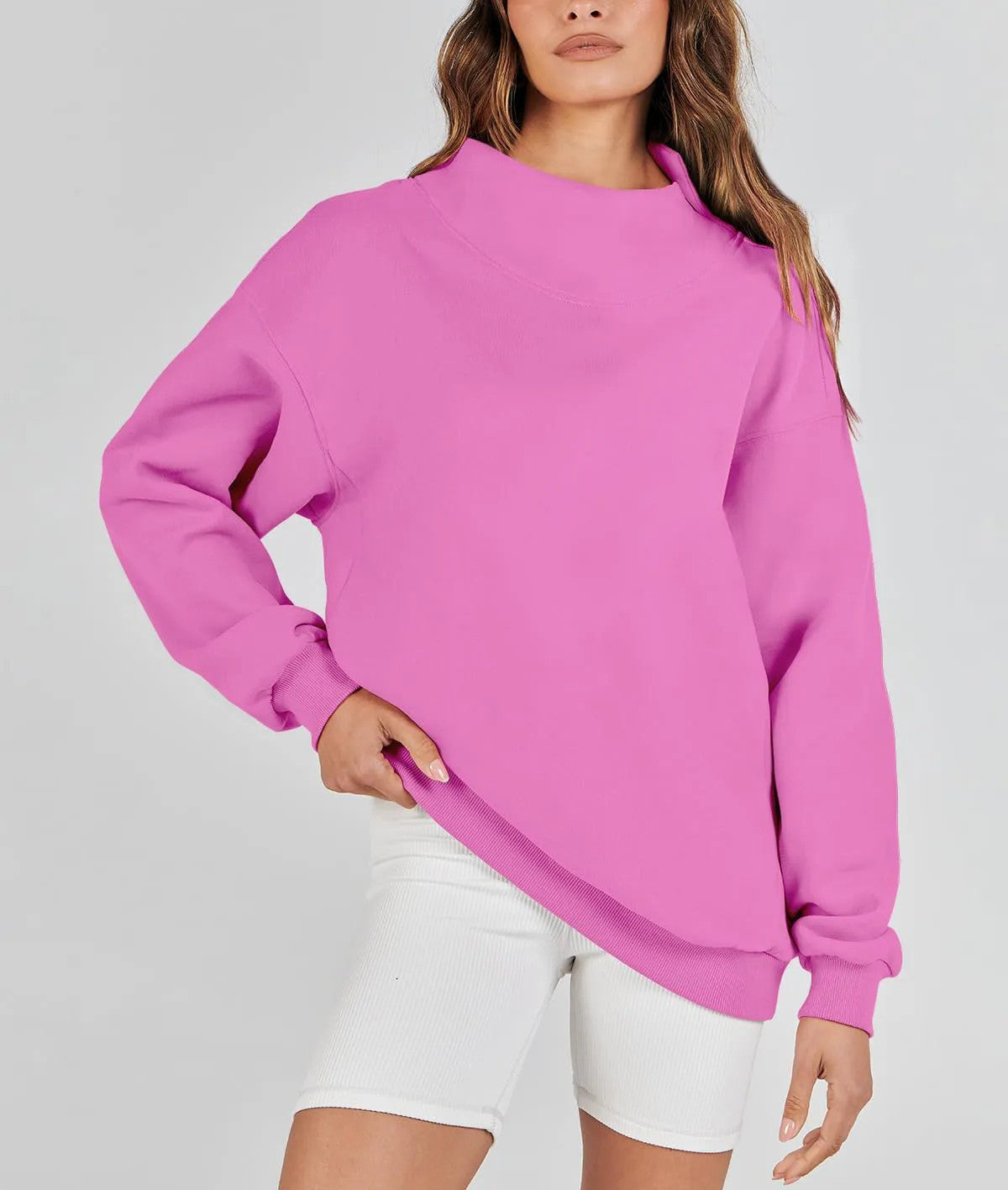 Autumn Winter Women Solid Color Stand Collar Sports Sweater Pink