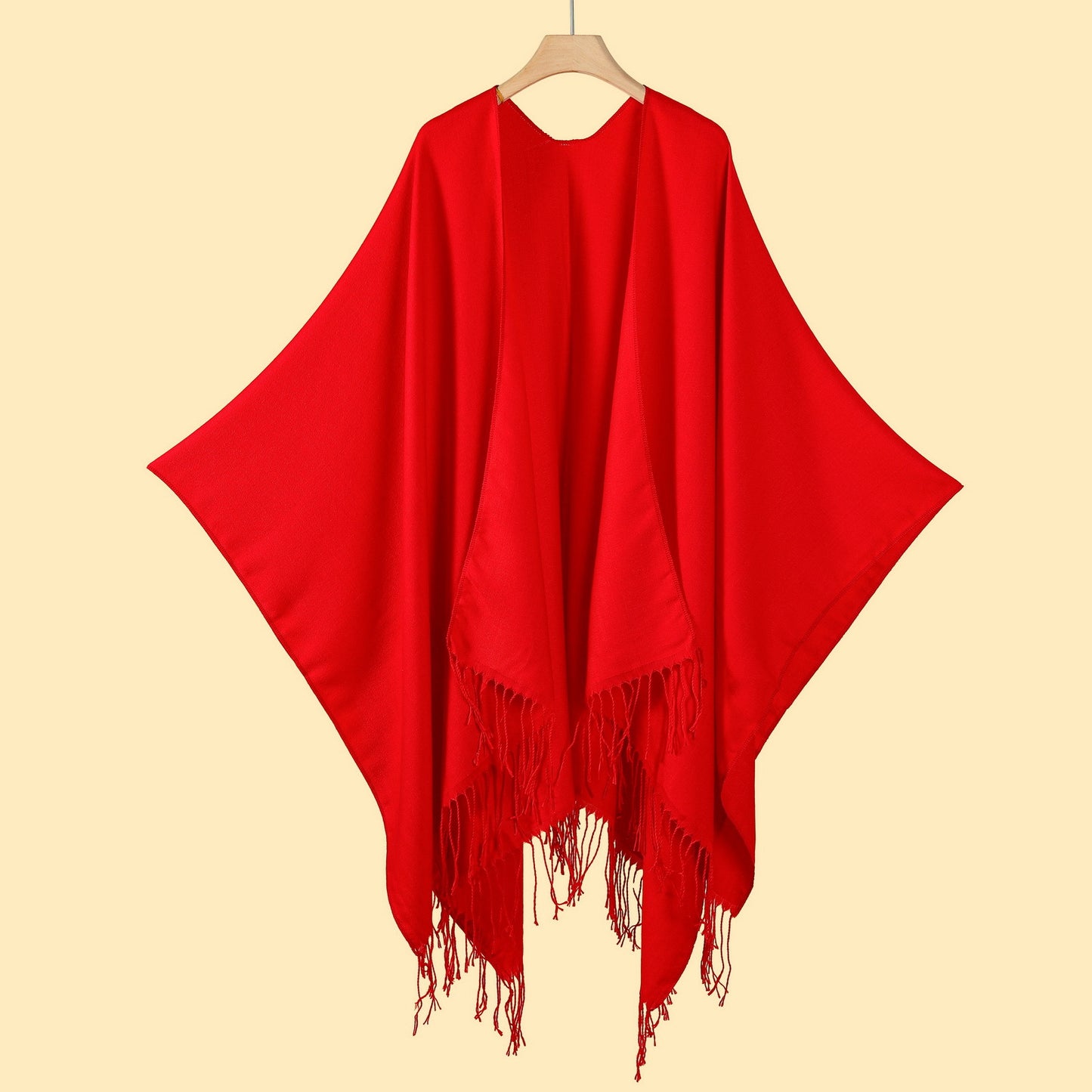 Street Ladies Large Scarf Autumn Winter All Match Air Conditioned Room Keeping Warm Dual Purpose Plain Tassel Shawl Cape One Size Red