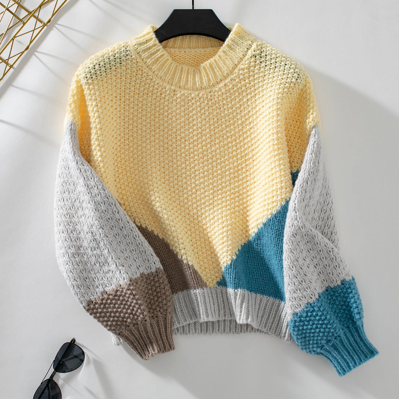 Contrast Color Pullover Women Clothing Sweater Autumn Winter Casual round Neck Long Sleeve Knitwear Top Yellow