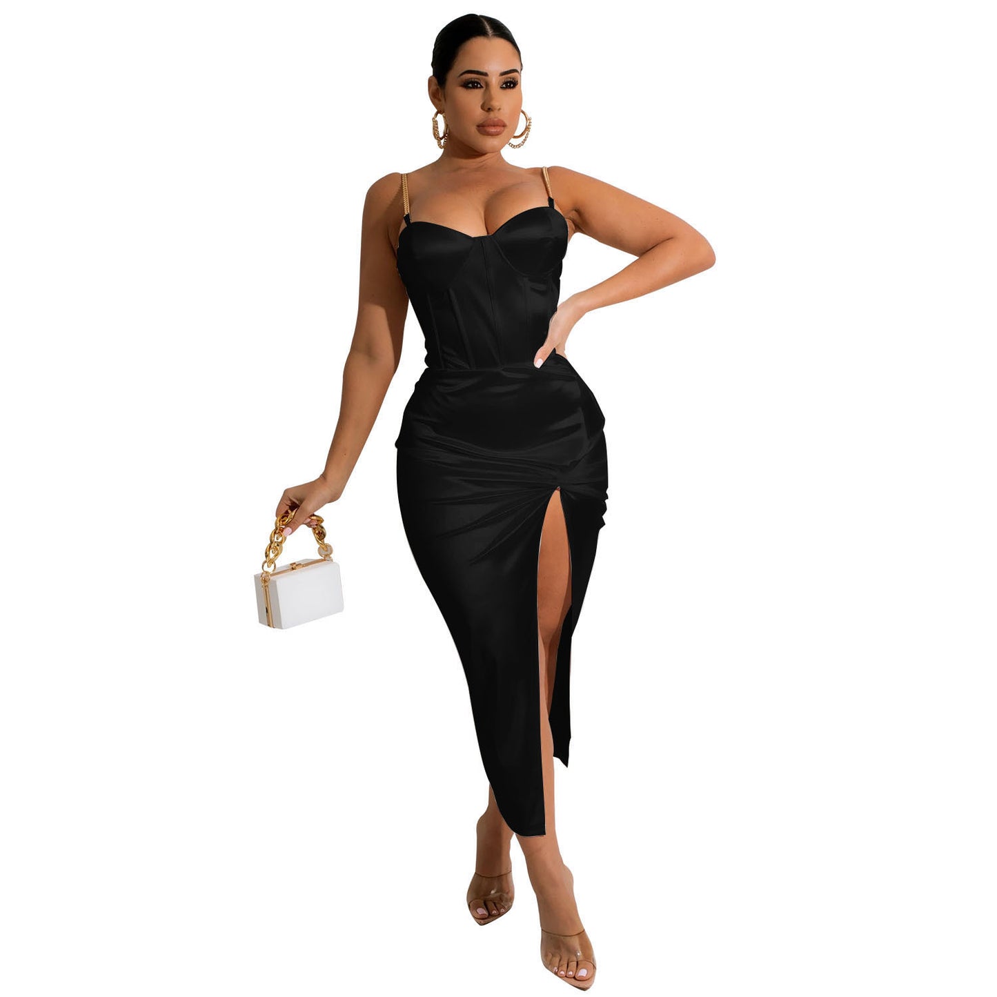 Summer Women Clothing Sexy Irregular Asymmetric Solid Color Mid Length Dress Black