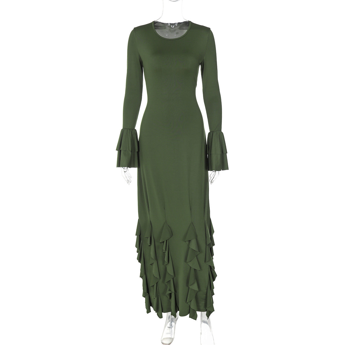 Women Clothing Autumn Slim Fit Tied Lace Long Sleeved Dress Women Green