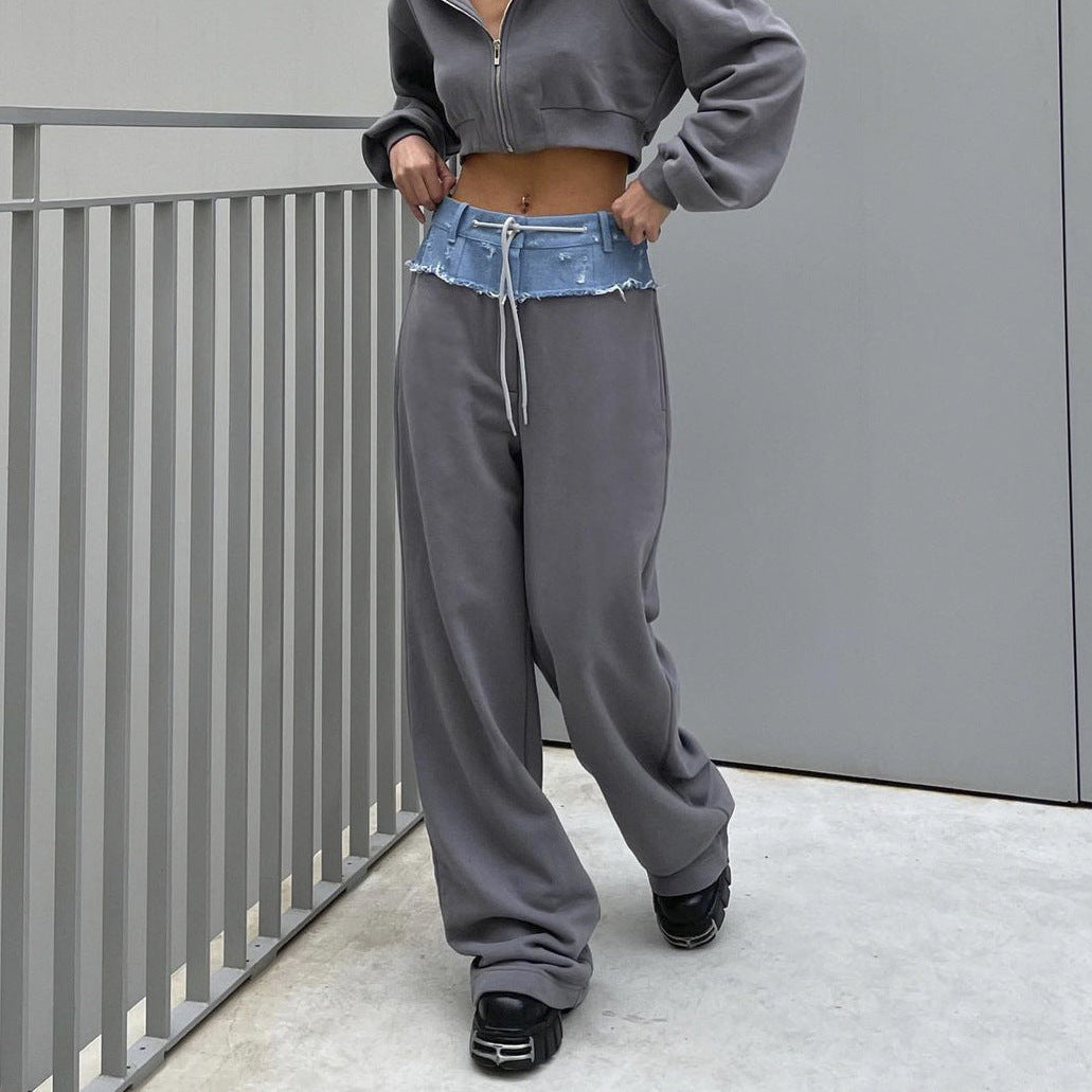 Personalized Street Color Contrast Patchwork Casual Pants Women Autumn Loose Straight Pants Gray