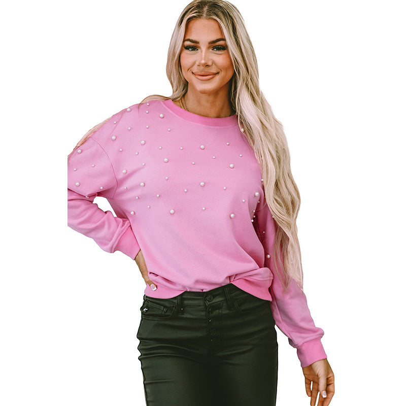 Autumn Winter Solid Color round Neck Drop Shoulder Long Sleeve Top Women Pearl Beaded Pullover Women Pink