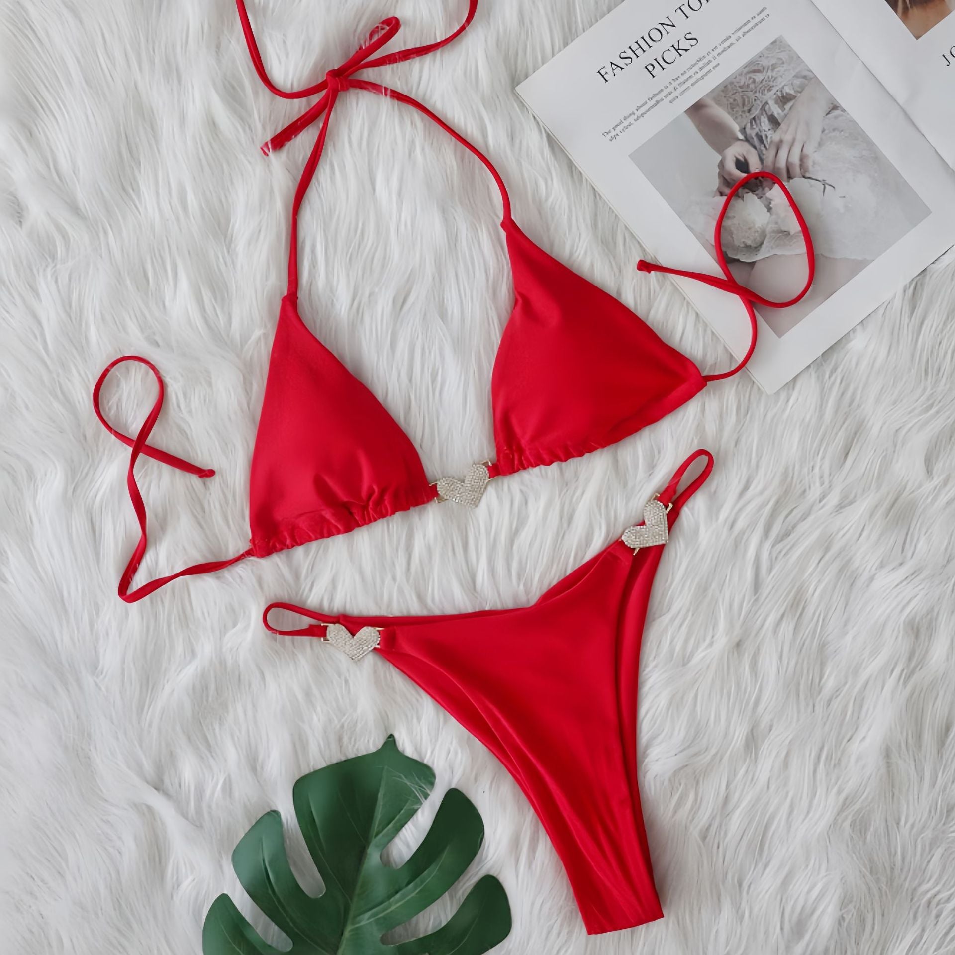 Swimsuit Sexy Heart Crystal Diamond Bikini Strap Split Swimsuit Red