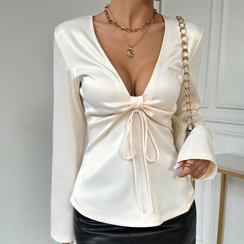 Sexy Top V neck Bow Tie Long Sleeve Women Shirt Arrival High Grade Shirt Apricot