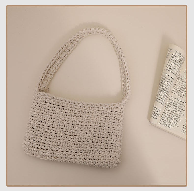 All Match Shoulder Cotton Thread Woven Bag Fresh Square Underarm Bag Straw Bag Solid Color Office Handbag Women One Size Cotton Thread Shoulder Meter