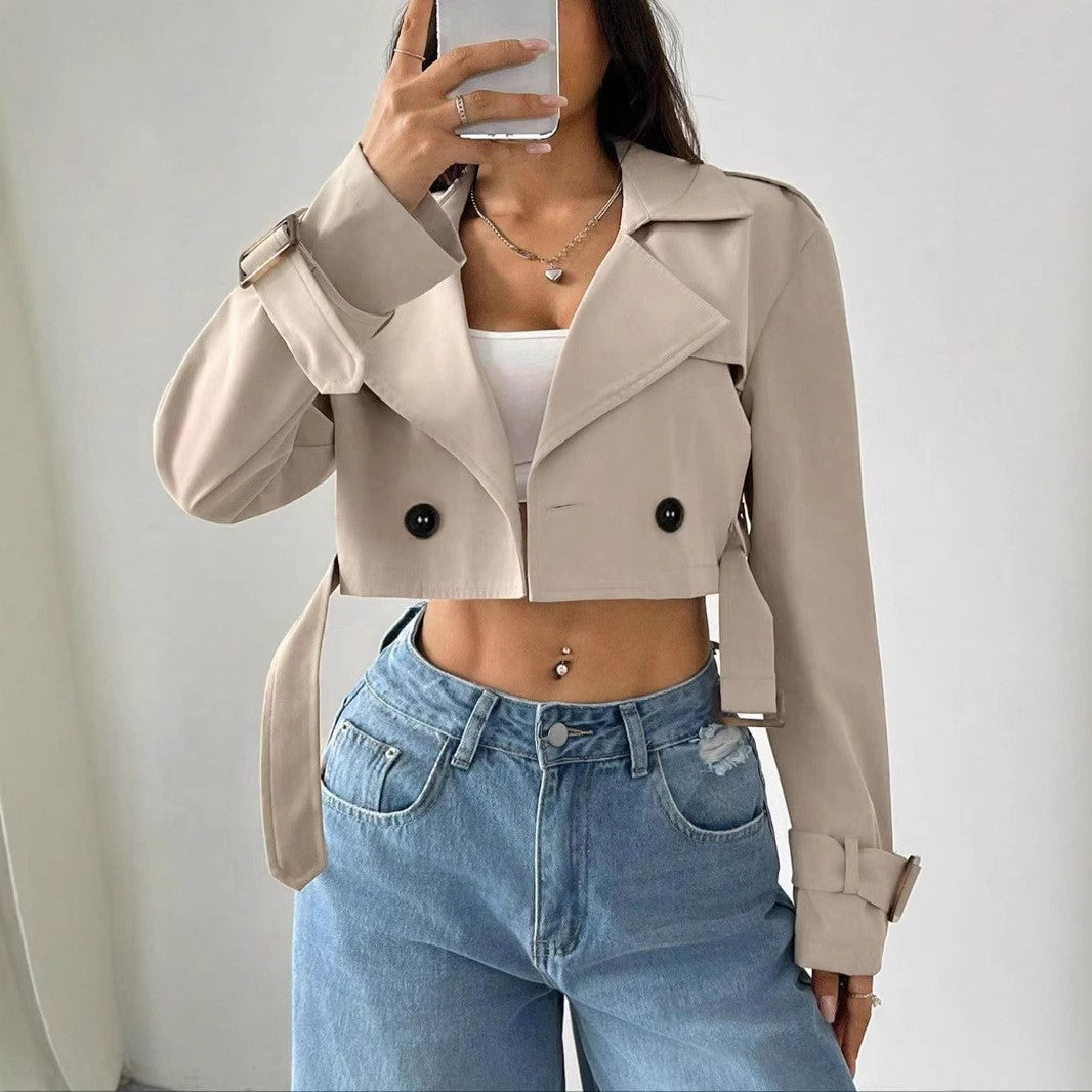 Women Clothing Belt Short Casual Trench Coat Apricot