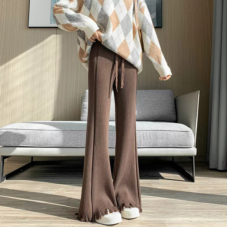 Knitted Tassel Wide Leg Pants for Women Spring Korean High Waist Drawstring Slimming Casual Horn Mop Trousers