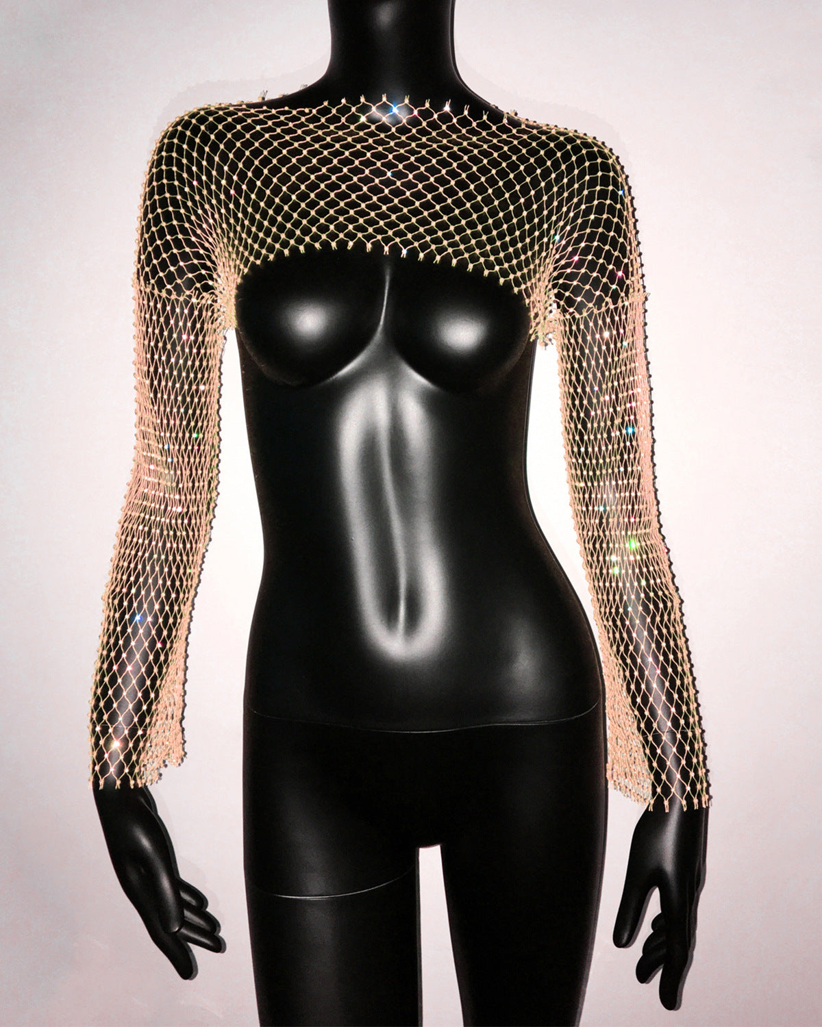 Women Clothing Fishnet Rhinestone Long Sleeved Top Stretch Sexy T shirt One Size Yellow