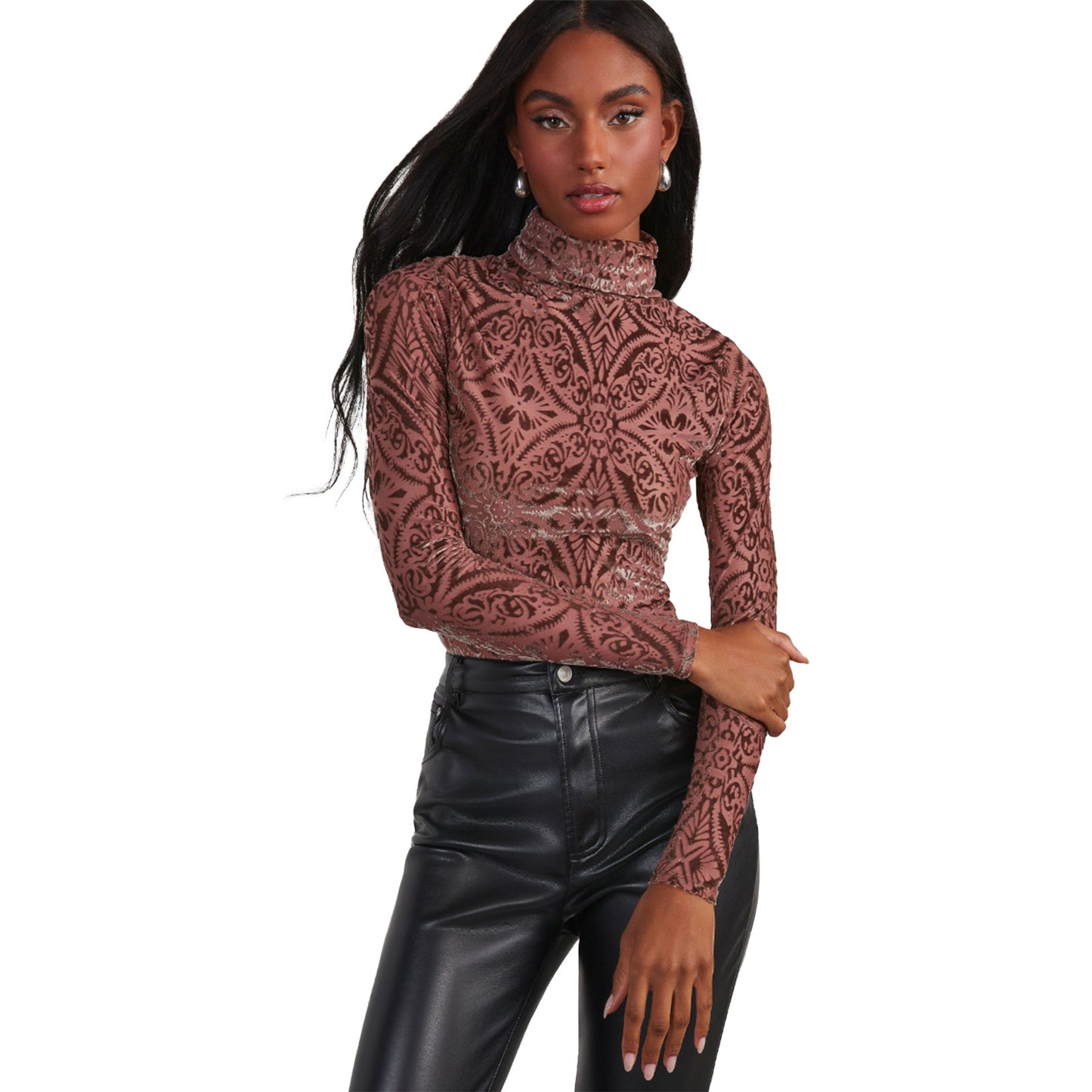 Women Clothing Turtleneck Stretch Velvet Burnt Long Sleeve Bottoming Shirt Top Brown