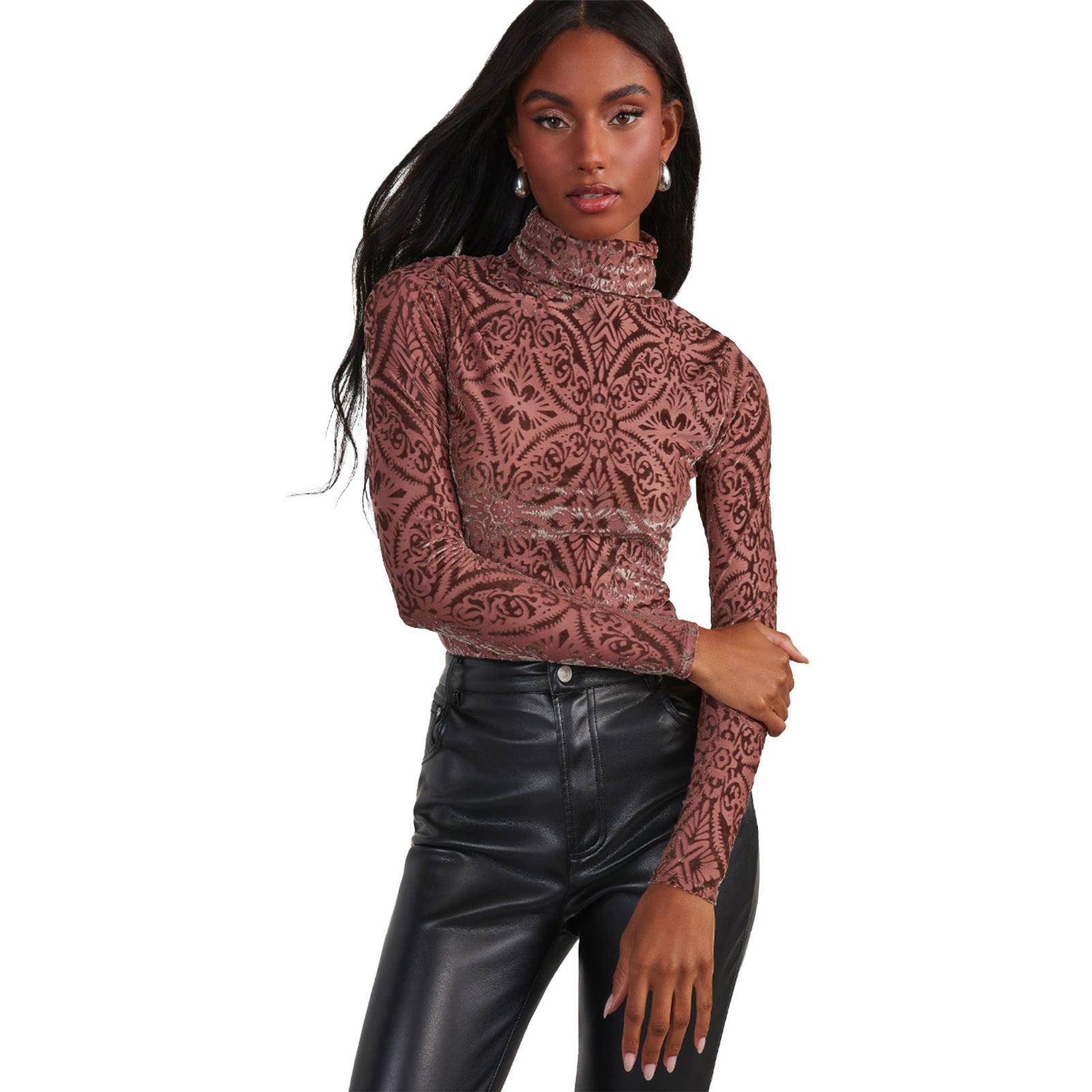 Women Clothing Turtleneck Stretch Velvet Burnt Long Sleeve Bottoming Shirt Top Brown