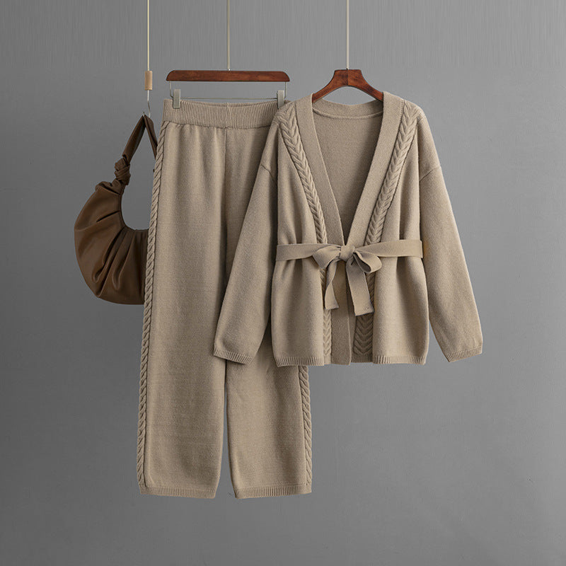 Loose Casual Sweater Women Knitted Cardigan Coat Wide Leg Pants Two Piece Set One Size Khaki