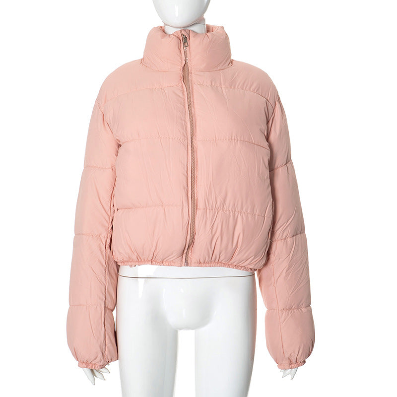 Women Winter Solid Color Casual Zipper Stand up Collar Thermal Short Cotton Padded Cotton Padded Jacket Pink