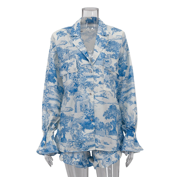 Summer Suit Chinese Printed Bell Sleeve Shirt Top Shorts Ruffled Two Piece Set Blue