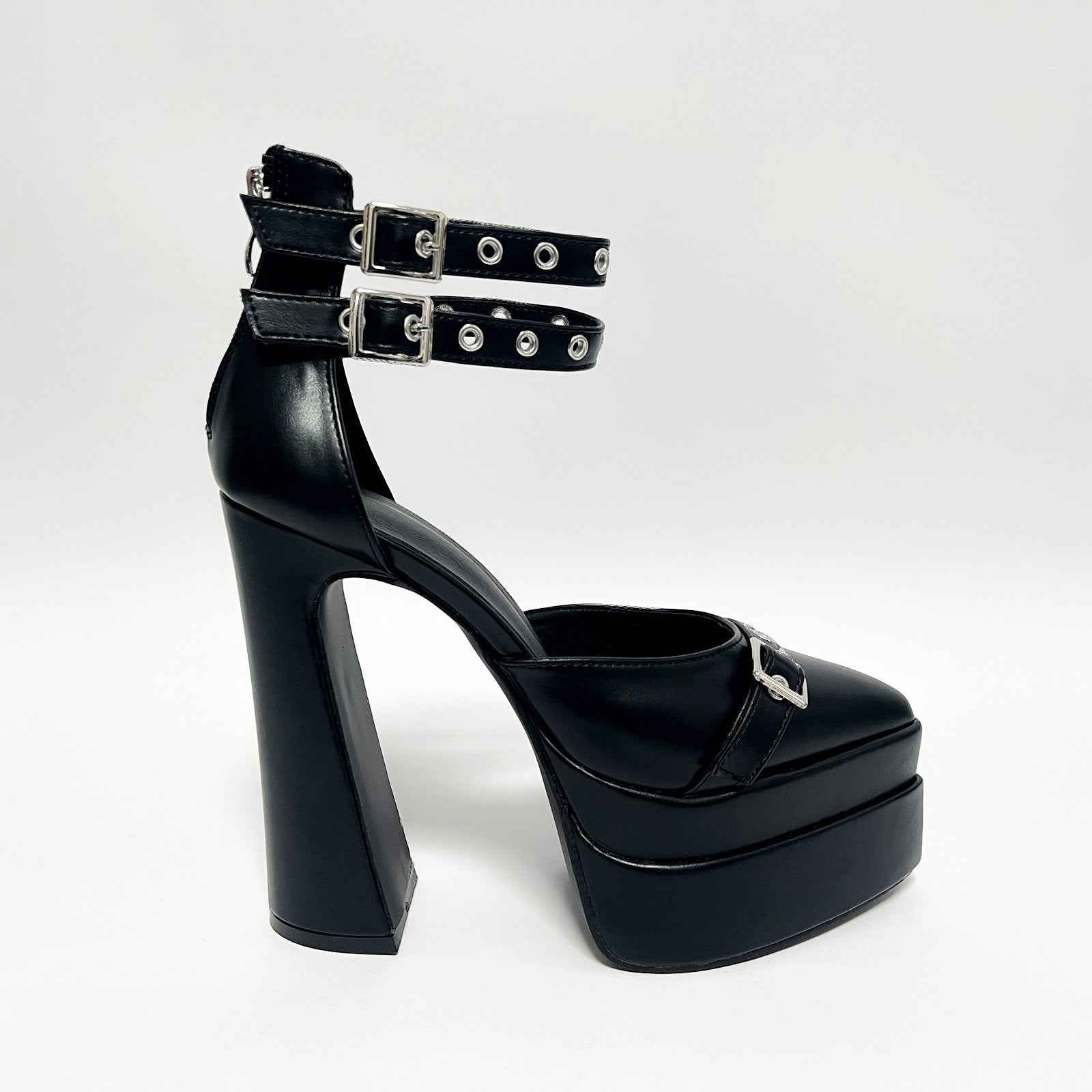 Black White Rivet Belt Buckle 15cm Double Waterproof Platform Women Shoes Heels Black