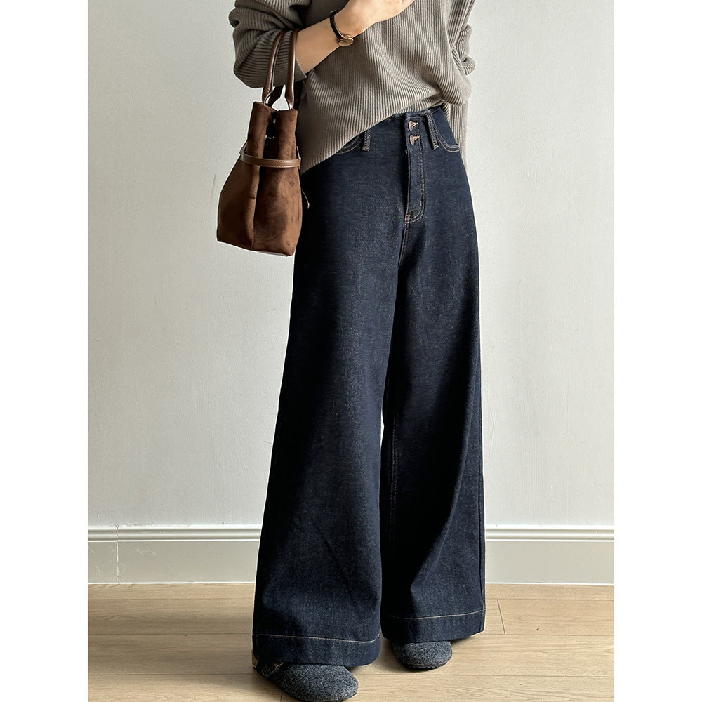 Retro High Waist Wide Leg Jeans Winter Loose Straight Warm Long Pants